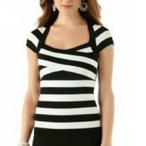 New WHBM Bandage stretch knit top black/white M